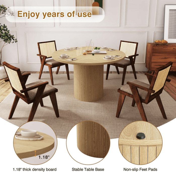 Round Dining Table for 4, Modern Farmhouse Kitchen Table, 47 Inch Small Circle Dining Tables with Wood Strip Base for Kitchen Living Room (Natural) - Image 6