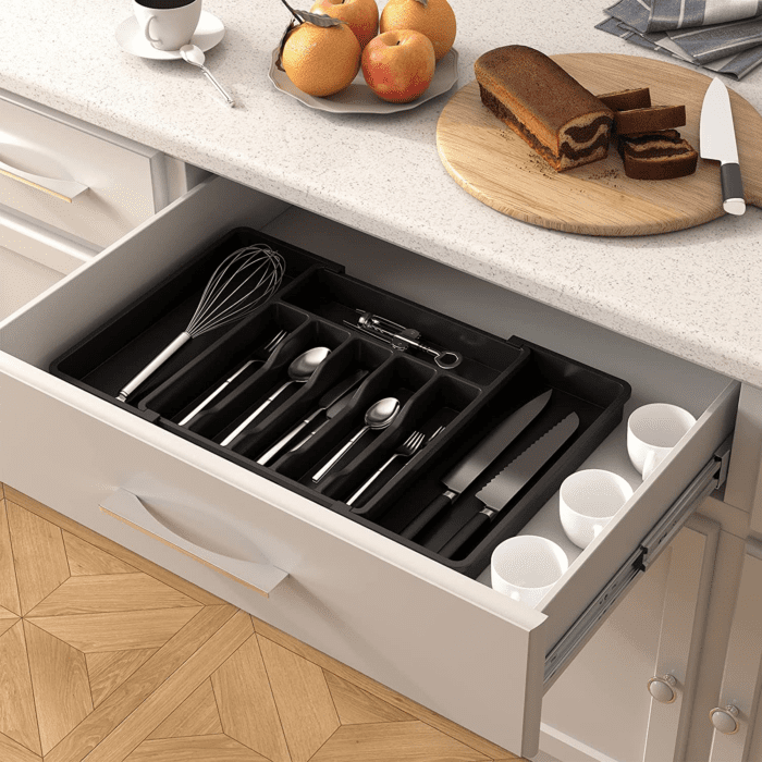 Silverware Drawer Organizer, Expandable Utensil Tray for Kitchen, BPA Free Flatware and Cutlery Holder, Adjustable Plastic Storage for Spoons Forks Knives, Large, Black - Image 9