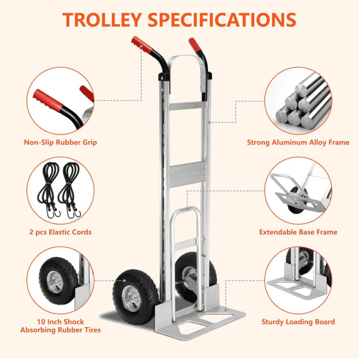 Aluminum Hand Truck 600 LBS Capacity, Handle Heavy Duty Industrial Dolly with 10" Pneumatic Tire and 2 Elastic Cords, Platform Cart for Transport and Moving in Home, Office, Warehouse, Supermarket - Image 4