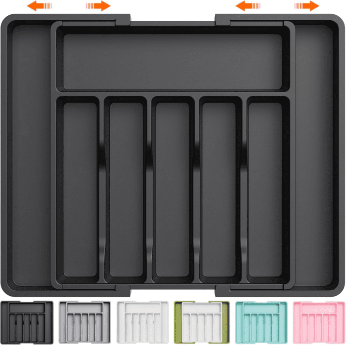 Silverware Drawer Organizer, Expandable Utensil Tray for Kitchen, BPA Free Flatware and Cutlery Holder, Adjustable Plastic Storage for Spoons Forks Knives, Large, Black