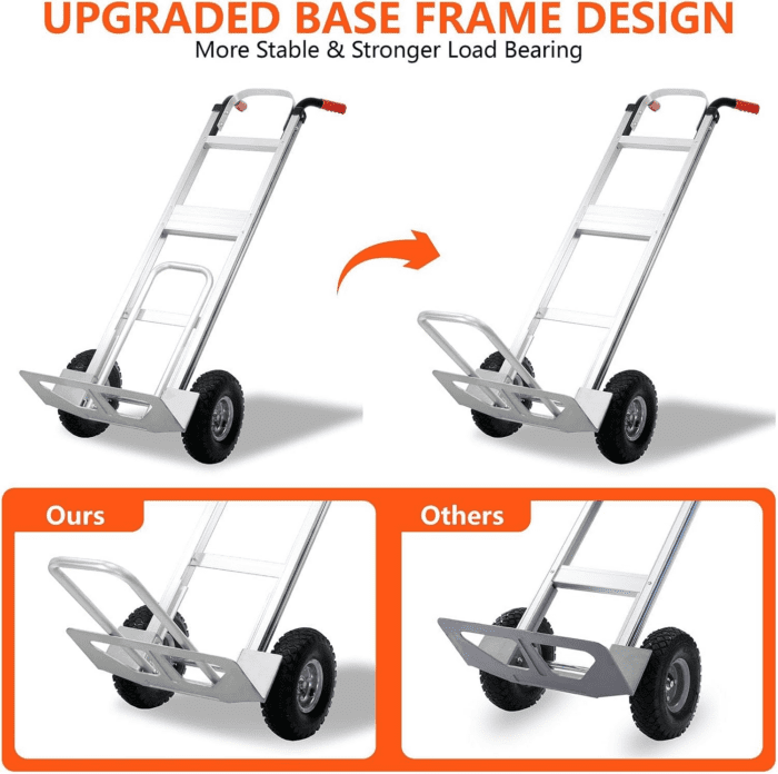 Aluminum Hand Truck 600 LBS Capacity, Handle Heavy Duty Industrial Dolly with 10" Pneumatic Tire and 2 Elastic Cords, Platform Cart for Transport and Moving in Home, Office, Warehouse, Supermarket - Image 3