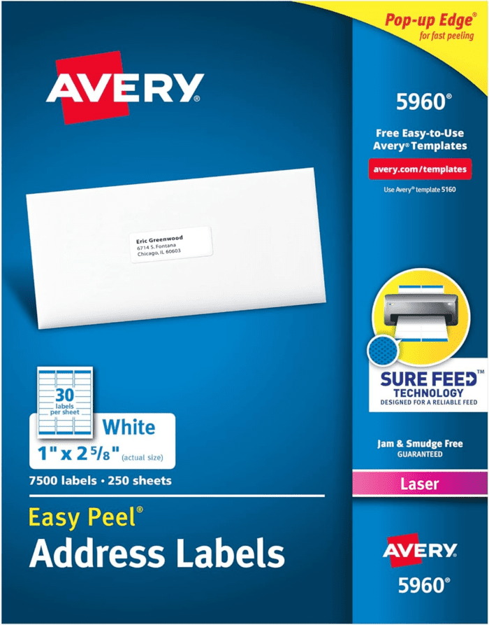 Easy Peel Printable Address Labels with Sure Feed, 1" X 2-5/8", White, 7,500 Blank Mailing Labels (05960)