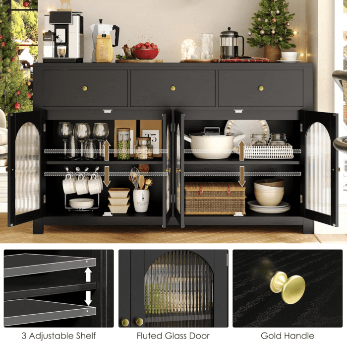 Buffet Cabinet with Storage, 55.1" Large Sideboard Buffet Cabinet, Farmhouse Kitchen Cabinet Display Cabinet with 3 Drawers and 4 Doors, Wood Coffee Bar Cabinet for Kitchen, Black - Image 7