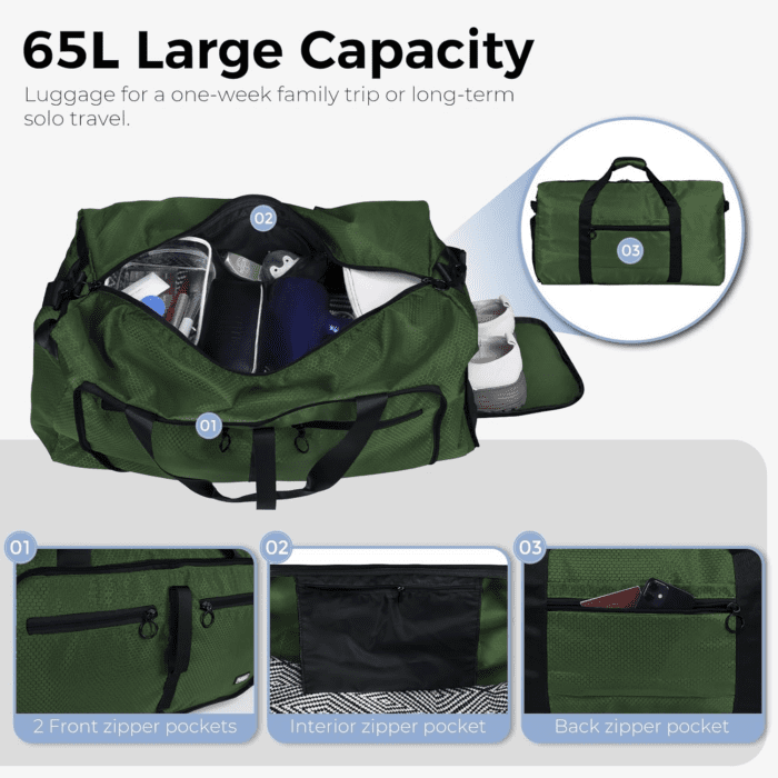 65L Duffle Bag with Shoes Compartment, Foldable Travel Duffel Bags for Men Women, Large Packable Travel Bag Water Repellent & Tear Resistant (Green) - Image 4