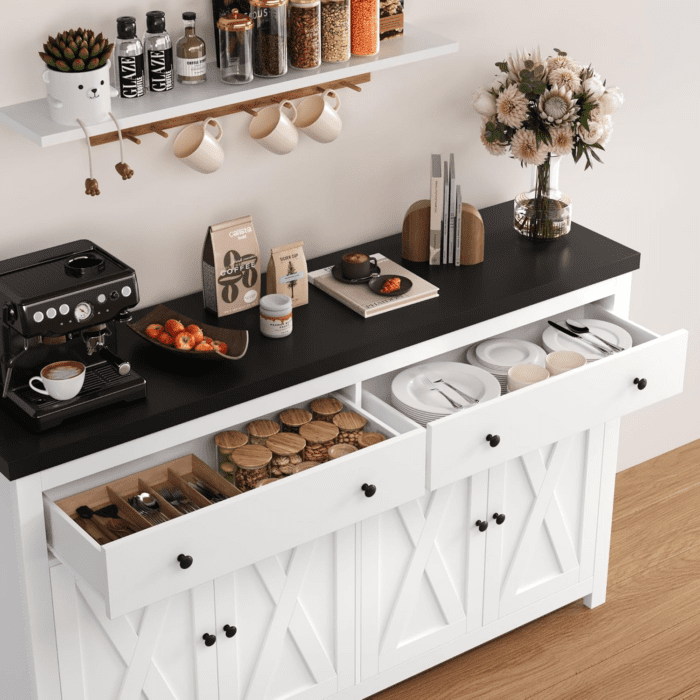 Sideboard Buffet Cabinet with Storage, 55" Large Kitchen Storage Cabinet with 2 Drawers and 4 Doors, Wood Coffee Bar Cabinet Buffet Table for Kitchen Dining Room, White and Black - Image 7