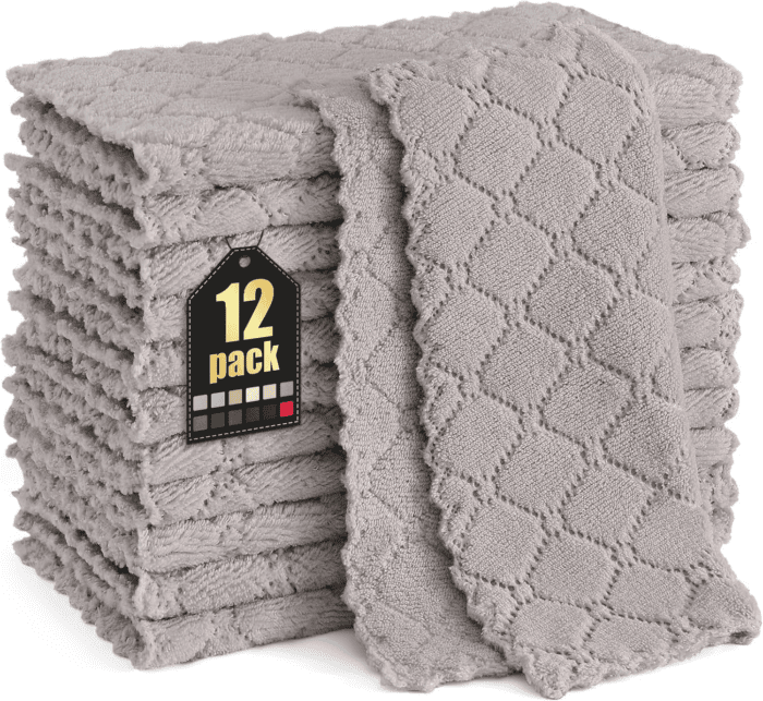 12 Pack Kitchen Dish Cloths (10 X 10 Inches, Grey), Super Soft and Absorbent Coral Velvet Dish Towels, Nonstick Oil Fast Drying Microfiber Cleaning Cloth, No Lint Household Dishcloths