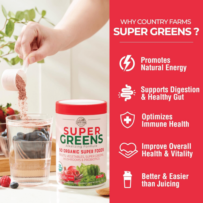 Organic Super Greens Berry Flavor, 50 Organic Super Foods, Packed with Fiber, USDA Organic Drink Mix, Fruits, Vegetables, Mushrooms & Probiotics, Supports Energy, 5G Fiber - Image 4