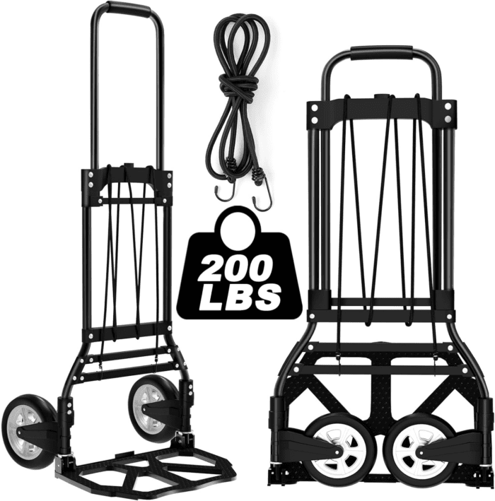 Folding Hand Truck and Dolly, 200 LB Capacity Upgraded Aluminum Dolly Cart, Extended Handle Portable Dolly for Travel, Moving, Shopping, Office Use, Black