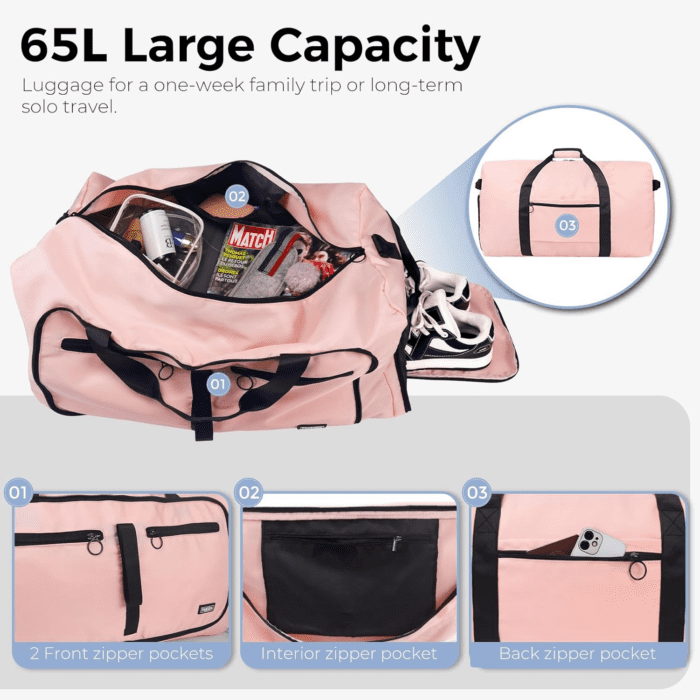 65L Duffle Bag with Shoes Compartment, Foldable Travel Duffel Bags for Men Women, Large Packable Travel Bag Water Repellent & Tear Resistant (Light Pink) - Image 4