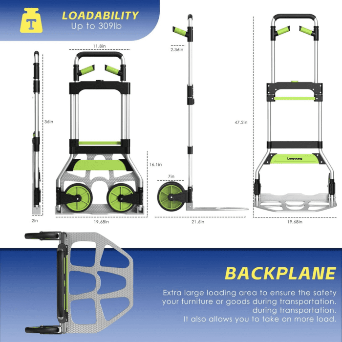 Folding Hand Truck and Dolly,309 Lb Capacity Aluminum Portable Cart with Telescoping Handle and PP+EVA Wheels - Image 3