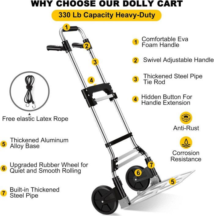 330 LB Capacity Folding Hand Truck Dolly Cart, Portable Aluminum Dolly Cart with Telescoping Handle and Rubber Wheels for Moving,Shopping,Travel,Office Use - Image 2