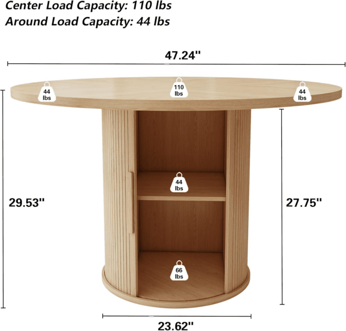 47 Inch round Dining Table for 4, Kitchen Table Dinner Table with 2-Layer Storage Shelf and Wood Slide Door for Home Dining Room Living Room (Natural) - Image 2