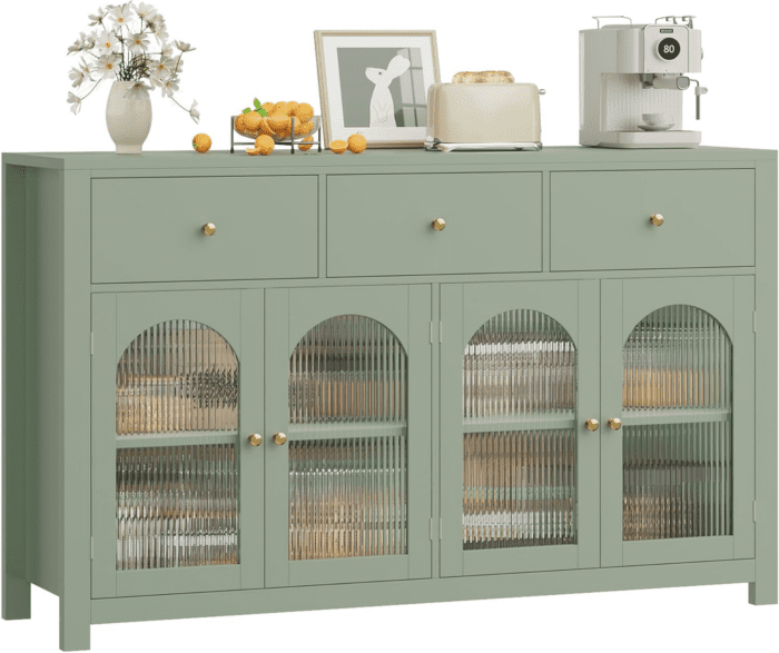 Buffet Cabinet with Storage, 55.1" Large Sideboard Buffet Cabinet, Farmhouse Kitchen Cabinet Display Cabinet with 3 Drawers and 4 Doors, Wood Coffee Bar Cabinet for Kitchen, Green