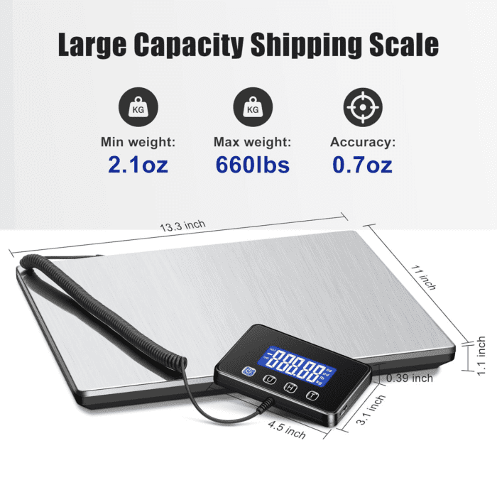 Shipping Scale, 660Lbs Heavy Duty Digital Postal Scale for Packages, 0.35Oz High Accurate Postage Scale for Small Business, Luggage, Home Use, Battery & Charging Cable Include - Image 2