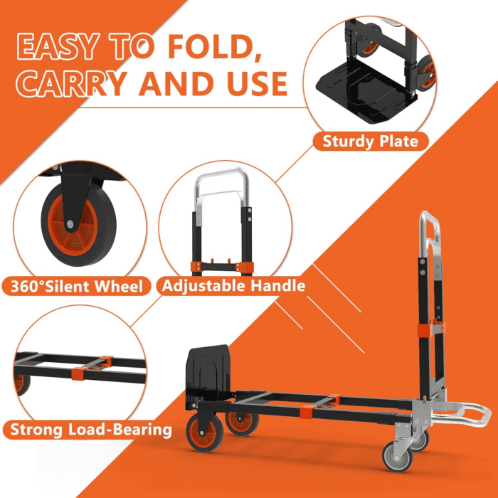 3 in 1 Heavy Duty Folding Hand Truck, Convertible Hand Truck, Portable Steel Hand Truck Dolly with Telescopic Handle, Folding Dolly Cart with Rubber Wheels, Hand Truck Foldable 500 LB - Image 4