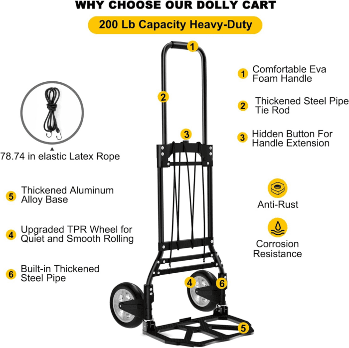 Folding Hand Truck and Dolly, 200 LB Capacity Upgraded Aluminum Dolly Cart, Extended Handle Portable Dolly for Travel, Moving, Shopping, Office Use, Black - Image 2