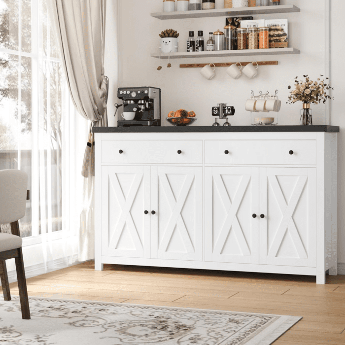 Sideboard Buffet Cabinet with Storage, 55" Large Kitchen Storage Cabinet with 2 Drawers and 4 Doors, Wood Coffee Bar Cabinet Buffet Table for Kitchen Dining Room, White and Black - Image 2