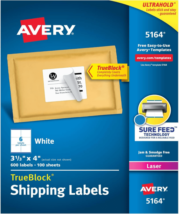 Printable Shipping Labels with Sure Feed, 3-1/3" X 4", White, 600 Blank Mailing Labels for Laser Printers (5164)