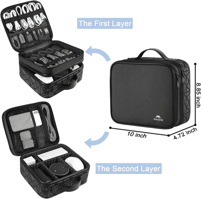 Cable Organizer Bag, Waterproof Travel Electronic Storage with Adjustable Divider, Shockproof Portable Double Layer Tech Bag Carrying Case for Cord, Earbuds, Charger, SD Card, Tech Gifts, Black - Image 2