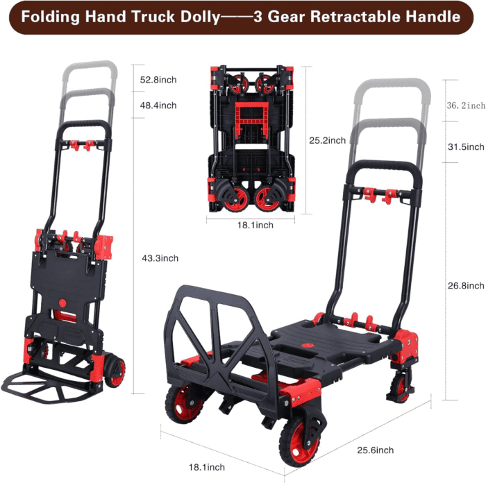 2-In-1 Folding Hand Truck Dolly 330LB Load Carrying,Hand Truck Foldable Dolly with Retractable Handle and 4 Rubber Wheels,Portable Folding Hand Cart for Luggage/Travel/Office - Image 3