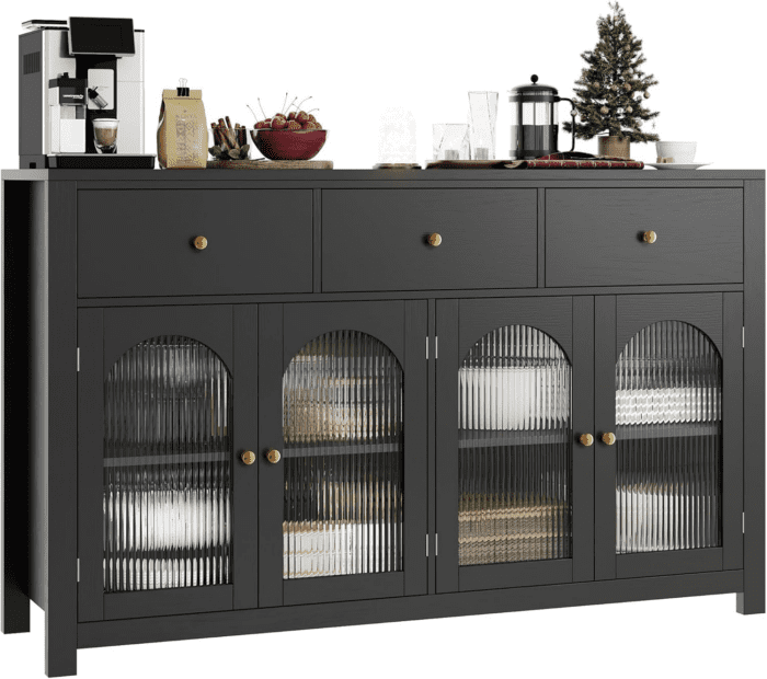 Buffet Cabinet with Storage, 55.1" Large Sideboard Buffet Cabinet, Farmhouse Kitchen Cabinet Display Cabinet with 3 Drawers and 4 Doors, Wood Coffee Bar Cabinet for Kitchen, Black