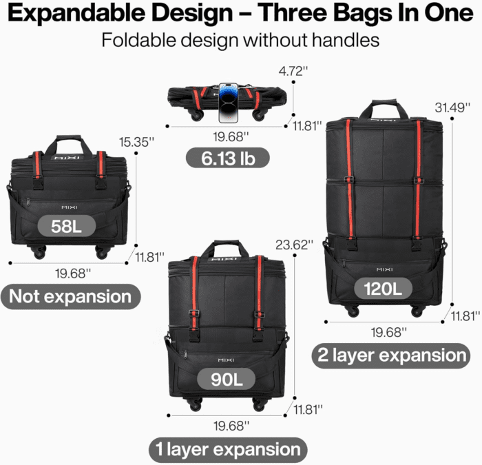 Travel Bag with Wheels Expandable Foldable Luggage Bag Collapsible Rolling Travel Bag Duffel Bag Large Capacity Suitcase for Men Women, Black - Image 2