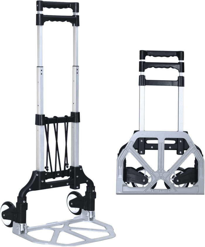 Folding Hand Truck Dolly Cart，Aluminum Portable Hand Cart for Daily Handling Work，200Lbs, with Silent Wheel，Telescoping Handle，Black Bungee Cord, Can Stand Alone，Light Weight