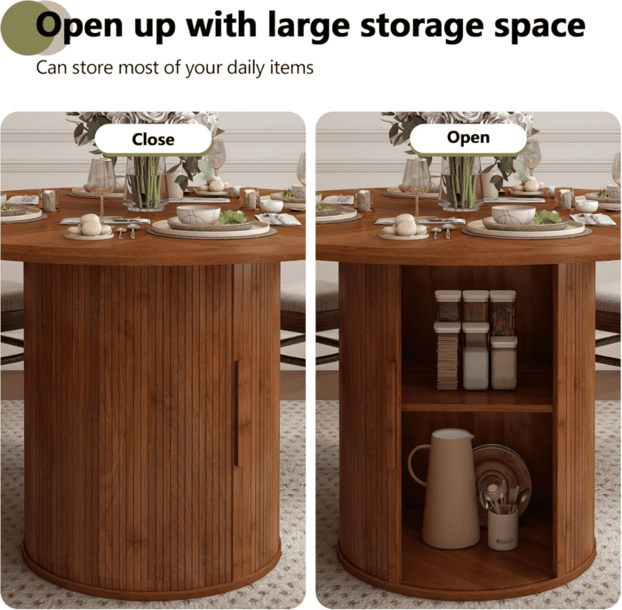 47 Inch round Dining Table for 4, Kitchen Table Dinner Table with 2-Layer Storage Shelf and Wood Slide Door for Home Dining Room Living Room (Walnut) - Image 5