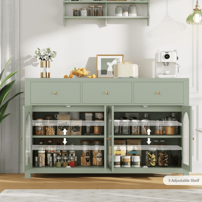 Buffet Cabinet with Storage, 55.1" Large Sideboard Buffet Cabinet, Farmhouse Kitchen Cabinet Display Cabinet with 3 Drawers and 4 Doors, Wood Coffee Bar Cabinet for Kitchen, Green - Image 6