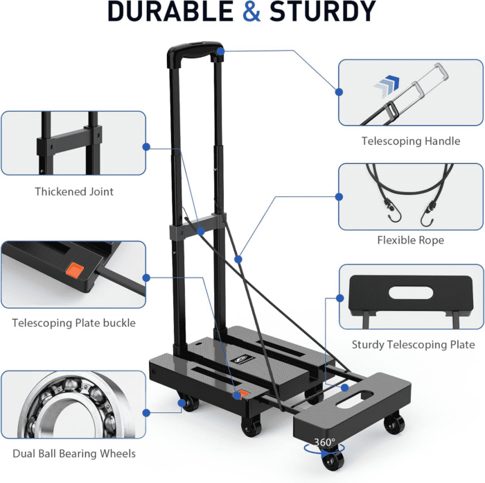 Folding Hand Truck, 500 LB Heavy Duty Luggage Cart, Utility Dolly Platform Cart with 6 Wheels & 2 Elastic Ropes for Luggage, Travel, Moving, Shopping, Office Use, Black - Image 3