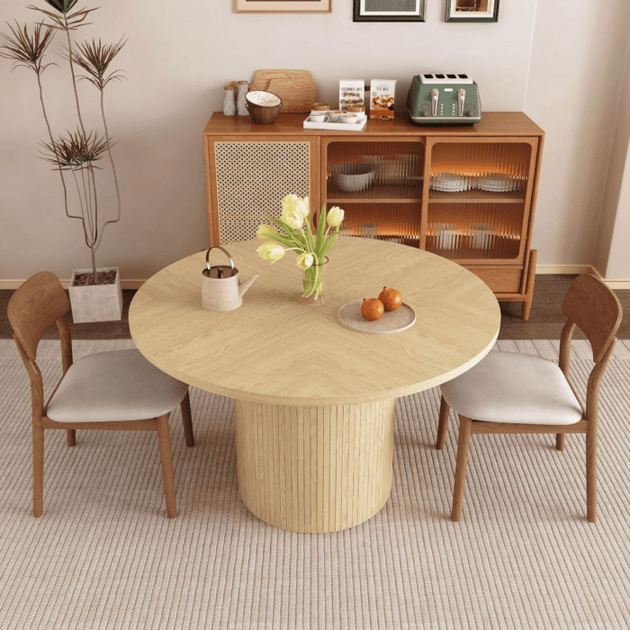 Round Dining Table for 4, Modern Farmhouse Kitchen Table, 47 Inch Small Circle Dining Tables with Wood Strip Base for Kitchen Living Room (Natural) - Image 3