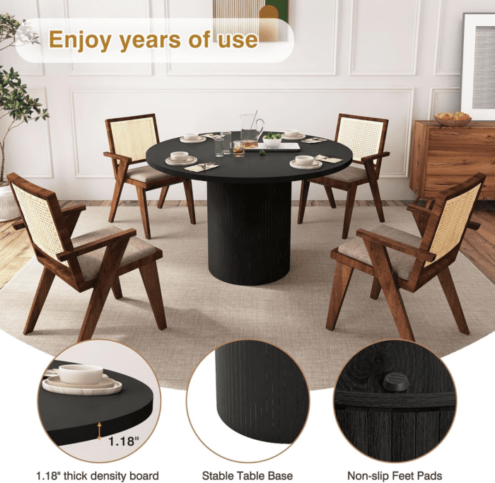 Round Dining Table for 4, Modern Farmhouse Kitchen Table, 47 Inch Small Circle Dining Tables with Wood Strip Base for Kitchen Living Room (Black) - Image 5