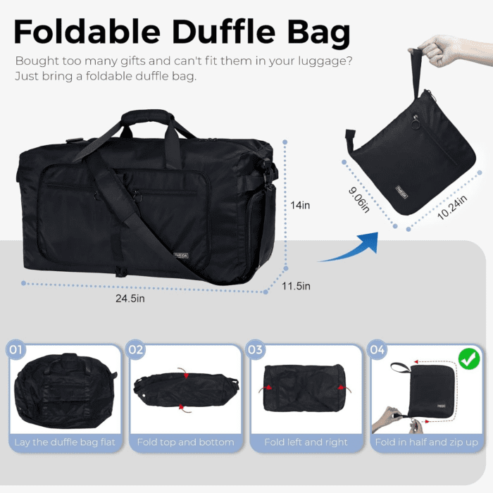 65L Duffle Bag with Shoes Compartment, Foldable Travel Duffel Bags for Men Women, Large Packable Travel Bag Water Repellent & Tear Resistant (Black) - Image 3