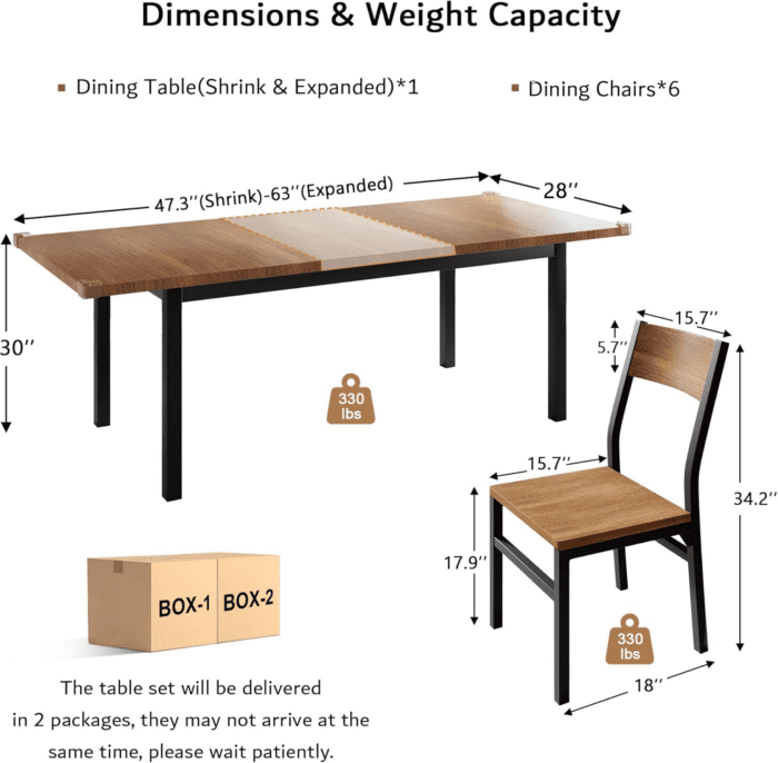 7-Piece Dining Table Set with 6 Chairs, 63" Extendable Kitchen Table & Chairs Set for 4-6, Dining Room Table with Metal Frame & MDF Board, Perfect for Small Space, Easy Clean, Walnut - Image 2