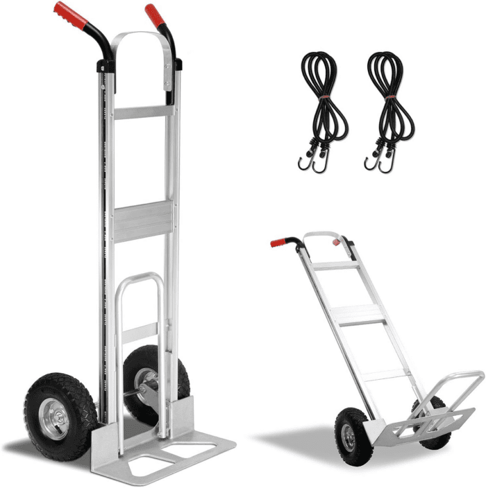 Aluminum Hand Truck 600 LBS Capacity, Handle Heavy Duty Industrial Dolly with 10" Pneumatic Tire and 2 Elastic Cords, Platform Cart for Transport and Moving in Home, Office, Warehouse, Supermarket