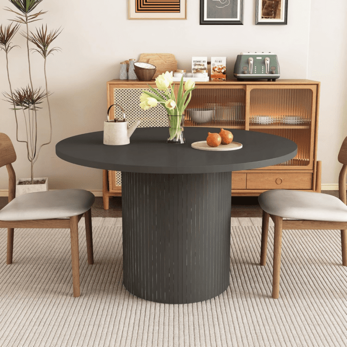 Round Dining Table for 4, Modern Farmhouse Kitchen Table, 47 Inch Small Circle Dining Tables with Wood Strip Base for Kitchen Living Room (Black)