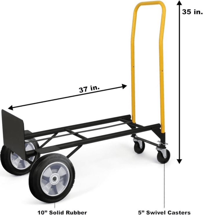 800 Lb Capacity 2 in 1 Convertible Hand Truck and Dolly with 10" Flat Free Rubber Wheels,Black with Yellow Handle. - Image 4