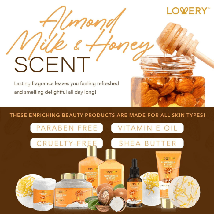 Gift Basket for Women - 10 Pc Almond Milk & Honey Beauty & Personal Care Set - Home Bath Pampering Package for Relaxing - Spa Self Care Kit - Thank You, Birthday, Mom, Anniversary Gift - Image 5