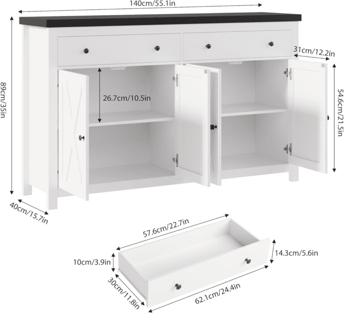 Sideboard Buffet Cabinet with Storage, 55" Large Kitchen Storage Cabinet with 2 Drawers and 4 Doors, Wood Coffee Bar Cabinet Buffet Table for Kitchen Dining Room, White and Black - Image 3