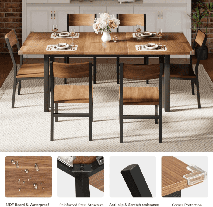 7-Piece Dining Table Set with 6 Chairs, 63" Extendable Kitchen Table & Chairs Set for 4-6, Dining Room Table with Metal Frame & MDF Board, Perfect for Small Space, Easy Clean, Walnut - Image 6