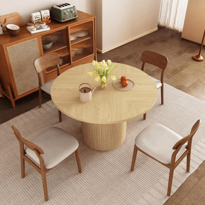 Round Dining Table for 4, Modern Farmhouse Kitchen Table, 47 Inch Small Circle Dining Tables with Wood Strip Base for Kitchen Living Room (Natural) - Image 4