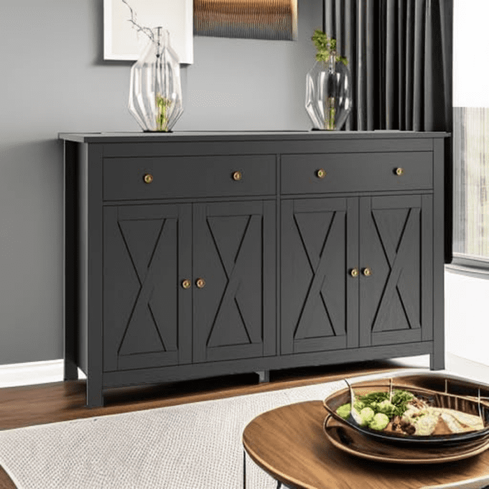 Sideboard Buffet Cabinet with Storage, 55" Large Kitchen Storage Cabinet with 2 Drawers and 4 Doors, Wood Coffee Bar Cabinet Buffet Table Console Cabinet for Kitchen Dining Room, Black - Image 6