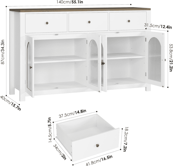 Buffet Cabinet with Storage, 55.1" Large Sideboard Buffet Cabinet, Farmhouse Kitchen Cabinet Display Cabinet with 3 Drawers and 4 Doors, Wood Coffee Bar Cabinet for Kitchen Dining Room - Image 3