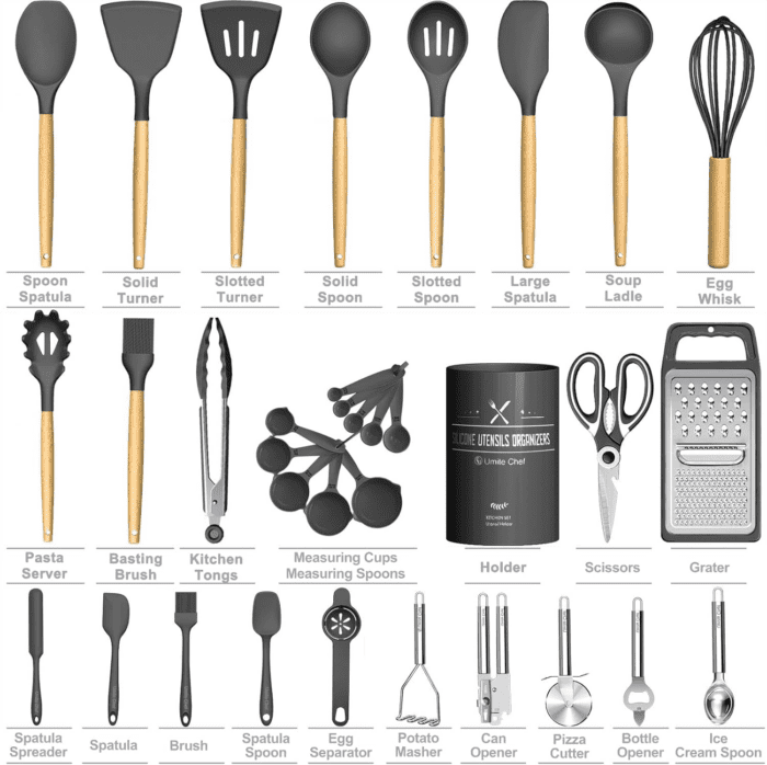 Silicone Kitchen Utensil Set, 34PCS Heat Resistant Kitchen Gadgets and Tools with Grater, Wood Handles for Nonstick Cookware (Dark Gray) - Image 5