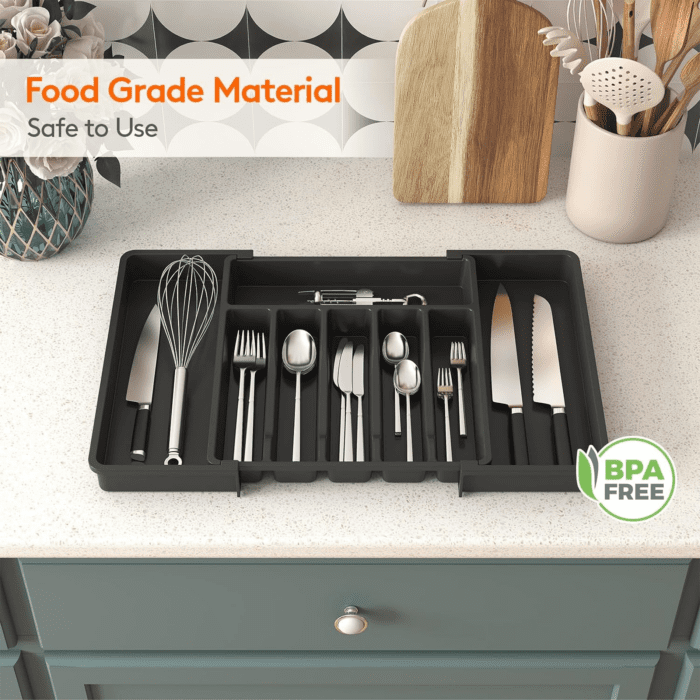 Silverware Drawer Organizer, Expandable Utensil Tray for Kitchen, BPA Free Flatware and Cutlery Holder, Adjustable Plastic Storage for Spoons Forks Knives, Large, Black - Image 8