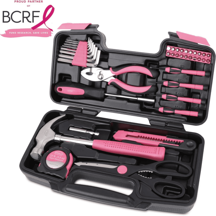 Tools Original 39 Piece General Household Tool Set in Toolbox Storage Case with Essential Hand Tools for Everyday Home Repairs, DIY and Crafts - Pink Ribbon - Pink - DT9706P - Image 4