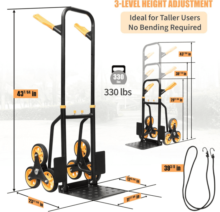 330Lbs Folding Hand Truck Stair Climbing Dolly, 3 Wheel Dolly Cart with Wheels, Stair Climbing Cart Include Bungee Cords - Image 2