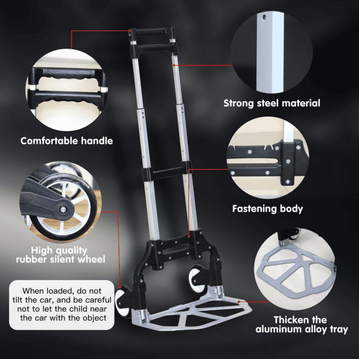 Folding Hand Truck Dolly Cart，Aluminum Portable Hand Cart for Daily Handling Work，200Lbs, with Silent Wheel，Telescoping Handle，Black Bungee Cord, Can Stand Alone，Light Weight - Image 4