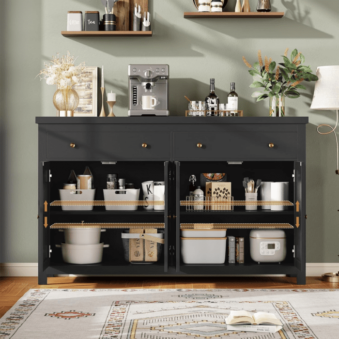 Sideboard Buffet Cabinet with Storage, 55" Large Kitchen Storage Cabinet with 2 Drawers and 4 Doors, Wood Coffee Bar Cabinet Buffet Table Console Cabinet for Kitchen Dining Room, Black - Image 7