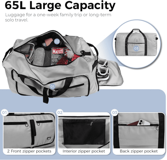 65L Duffle Bag with Shoes Compartment, Foldable Travel Duffel Bags for Men Women, Large Packable Travel Bag Water Repellent & Tear Resistant (Light Gray) - Image 4